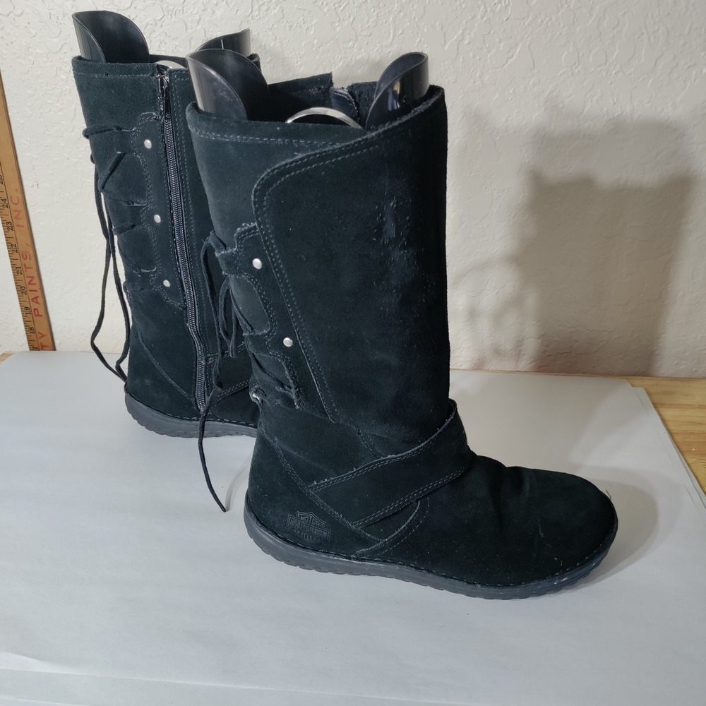 Harley-Davidson Womens D85385 Black Suede Lace Up Back Mid Calf Boots Size 9 - Picture 2 of 10
